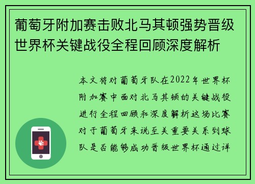 葡萄牙附加赛击败北马其顿强势晋级世界杯关键战役全程回顾深度解析 葡萄牙附加赛击败北马其顿强势晋级世界杯关键战役全程回顾深度解析